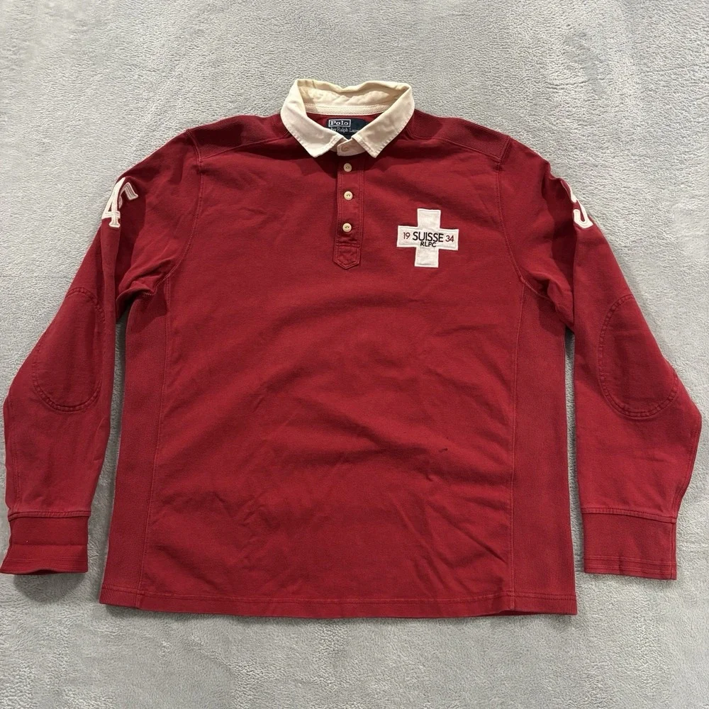 Vtg Polo Ralph Lauren Rugby Shirt Sz XL Red White Suisse RLPC 45 Old Money  Y2K
